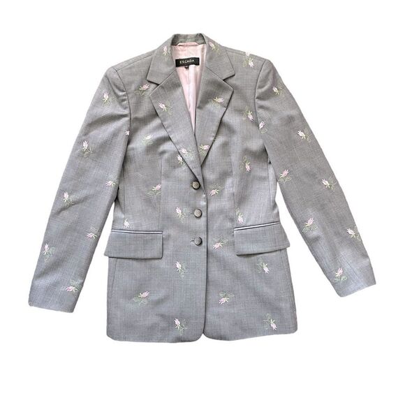 Vintage ESCADA Rose Embroidered Blazer Suit Jacket Gray Pink Size Small - Picture 11 of 12